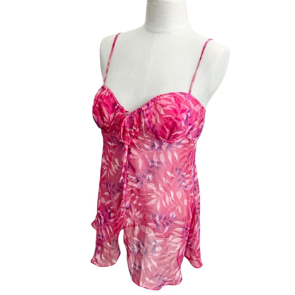 Vintage 90s pink purple leaf print chiffon lace up bustier chemise nighty M - Picture 3 of 17
